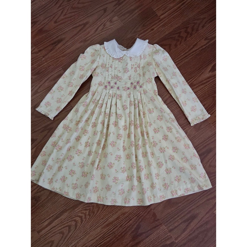 Laura Ashley Vintage Girls Corduroy Floral Dress Pink Cream Rosette Size 5